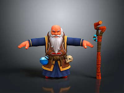 3D Cartoon Wizard Game Character With White Beard Blue Robe And Wooden Staff 3d model