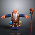 3D Cartoon Wizard Game Character With White Beard Blue Robe And Wooden Staff