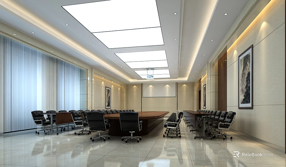 Modern Conference Room Interior With Long Table Black Chairs Projection Screen And Wall Paintings 3d model 