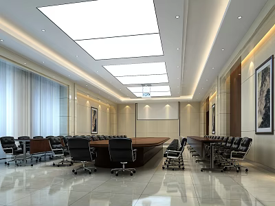 Modern Conference Room Interior With Long Table Black Chairs Projection Screen And Wall Paintings 3d model