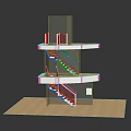 Spiral Staircase Multi Level Platform Structure With Wooden Railings And Gray Panels