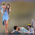 Ethereal Woman In Blue Dress With Reclining Figure And Angelic Children Halos 3d model