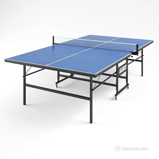 Professional Ping Pong Table With Blue Tabletop White Lines Black Frame Net And Wheels 3d model 