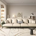 Modern Living Room Interior With Beige Sofa Green Frame Pillows Area Rug And Decorative Cabinet