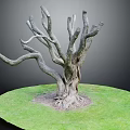 Rough Wooden Dead Tree Trunk With Curved Branches And Roots On Green Grass