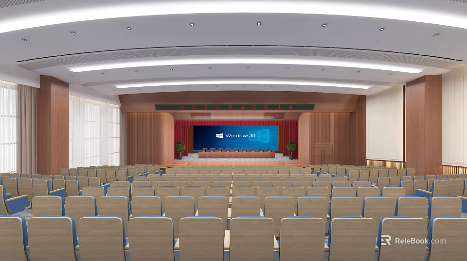 Large Conference Room With Rows Of Seats Stage MAXHUB Screen Ceiling Lighting And Wooden Panels 3d model 