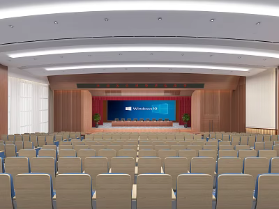 Large Conference Room With Rows Of Seats Stage MAXHUB Screen Ceiling Lighting And Wooden Panels 3d model