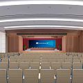 Large Conference Room With Rows Of Seats Stage MAXHUB Screen Ceiling Lighting And Wooden Panels