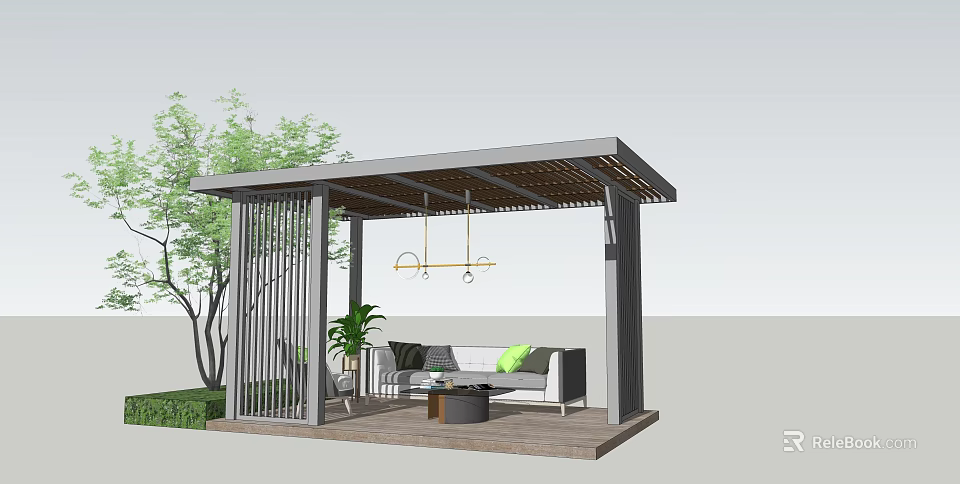 Modern Outdoor Pergola With Wooden Roof Pillars Green Plants Sofa And Hanging Lights 3d model 