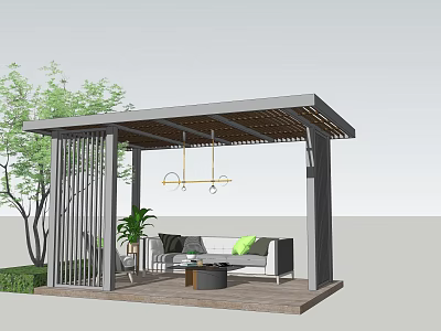 Modern Outdoor Pergola With Wooden Roof Pillars Green Plants Sofa And Hanging Lights 3d model