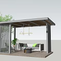 Modern Outdoor Pergola With Wooden Roof Pillars Green Plants Sofa And Hanging Lights