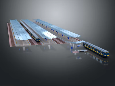 Modern Train Station With Multiple Platforms Covered Canopies And Parked Trains 3d model