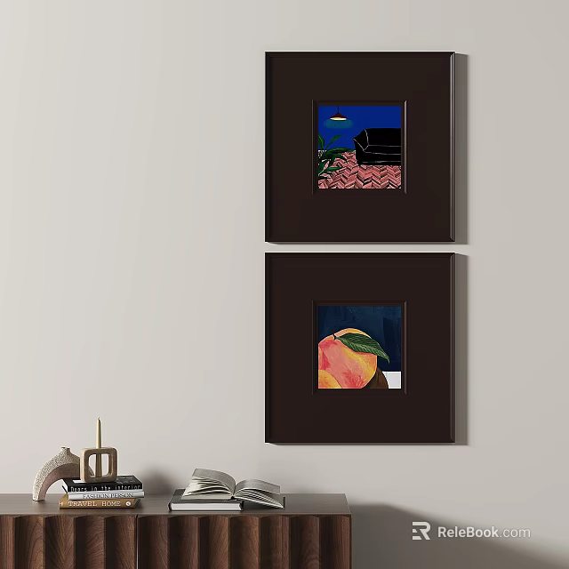 Abstract Paintings In Dark Frames Hanging On Wall With Shelf Below 3d model