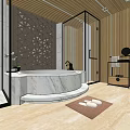 Modern SPA Sauna Interior Design With Marble Bathtub Wooden Walls And Slippers