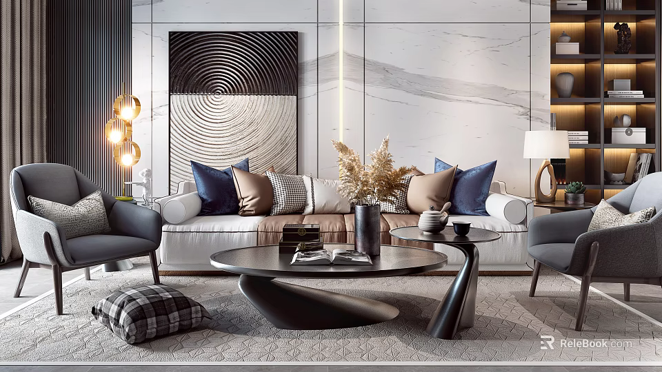 Modern Sofa and Coffee Table Set with Plush Pillows Abstract Wall Art and Decorative Vase 3d model