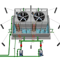 Industrial Equipment System Featuring Cooling Tower Pipes Pumps And Support Frames