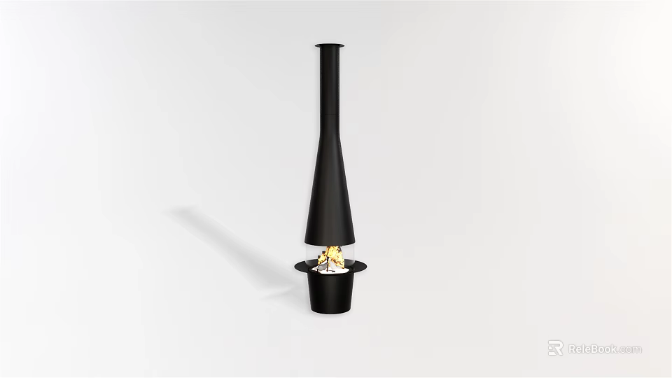 Modern Black Fireplace With Tall Chimney And Burning Flames In Minimalist Setting 3d model 