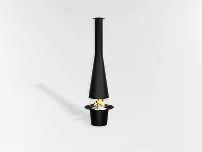 Modern Black Fireplace With Tall Chimney And Burning Flames In Minimalist Setting 3d model