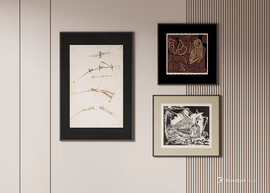 Three Abstract Paintings with Black Frames and Different Designs Hanging on Wall 3d model 