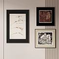 Three Abstract Paintings with Black Frames and Different Designs Hanging on Wall 3d model