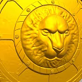 Golden Shield Sculpture Featuring Lion Head Carving With Decorative Patterns And Rivets