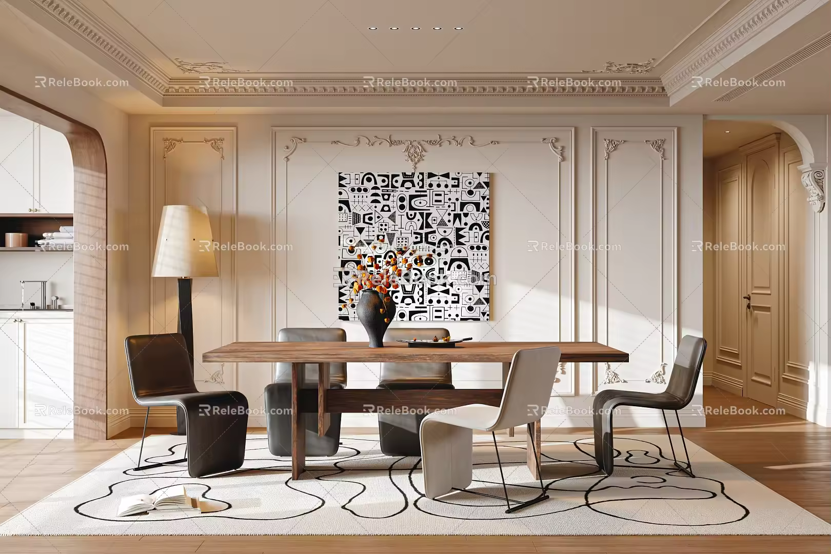 Middle Ancient Style Restaurant Dining Table and Chair Dining Chair Floor Lamp Carpet Jewelry Ornaments Decorative Painting 3d model