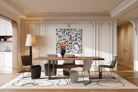 Middle Ancient Style Restaurant Dining Table and Chair Dining Chair Floor Lamp Carpet Jewelry Ornaments Decorative Painting 3d model
