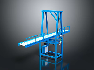 Blue Mechanical Conveyor Belt Device With Inclined Frame And Guardrails Structure 3d model