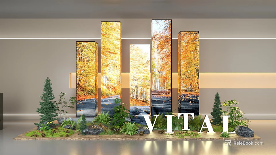 Vital Themed Interior Display Featuring Autumn Forest Panels Small Plants And Decorative Stones 3d model 