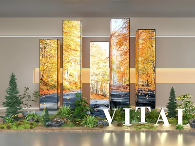 Vital Themed Interior Display Featuring Autumn Forest Panels Small Plants And Decorative Stones 3d model