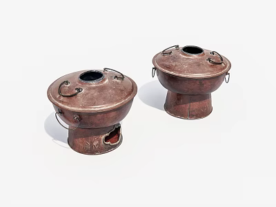 Traditional Copper Hot Pots with Lids Handles and Decorative Carvings Two Classic Kitchenware Pieces 3d model