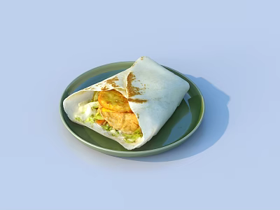 Delicious Crispy Wrap with Fresh Lettuce Juicy Tomato and Fried Chicken on Green Plate 3d model