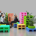 Colorful Landscape Seats With People Relaxing And Green Plants In Public Area