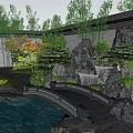 Serene Courtyard Garden With Pond Stone Bridge Rock Formations Lush Greenery And Stone Pathway