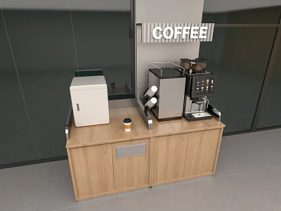 Modern Coffee Shop Interior With Wooden Counter Coffee Machine White Cooler And Coffee Cup 3d model