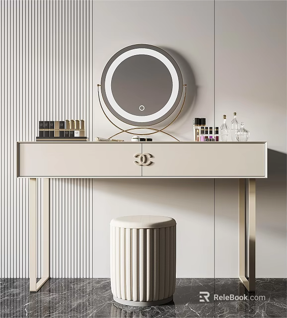Modern Dressing Table with Round LED Mirror Makeup Organizer and Stool 3d model