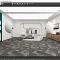 Modern Public Office Space With Green Wall White Circular Fixtures And Gray Geometric Carpet