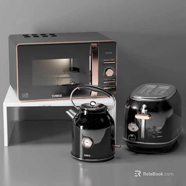 Modern Black Copper Kitchen Appliances Microwave Kettle Air Fryer Design 3d model 