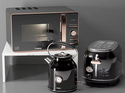 Modern Black Copper Kitchen Appliances Microwave Kettle Air Fryer Design 3d model
