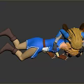 Blue Clad Golden Haired Characters Scene With Standing Supporting Prone Figure On Reflective Surface