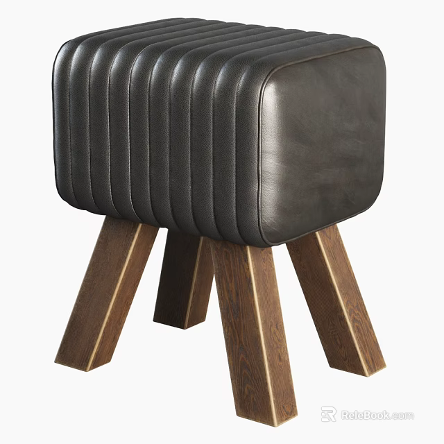 Modern Black Leather Stool With Vertical Tufted Design And Wooden Legs 3d model 