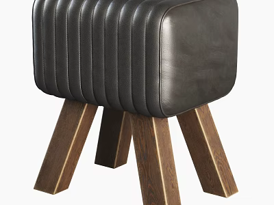 Modern Black Leather Stool With Vertical Tufted Design And Wooden Legs 3d model