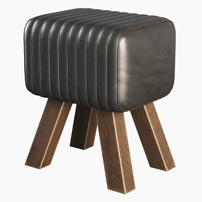 Modern Black Leather Stool With Vertical Tufted Design And Wooden Legs 3d model