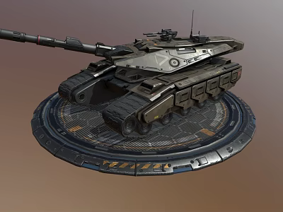Modern Military Tank on Circular Display Platform with Long Barrel Tracks And Armor Plates 3d model