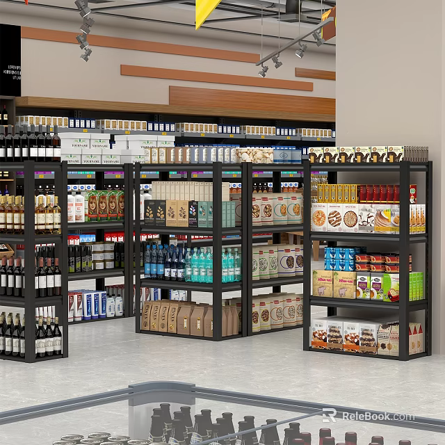 Supermarket Grocery Well Stocked Shelves With Various Beverages Snacks Canned Foods And Bottled Items 3d model 