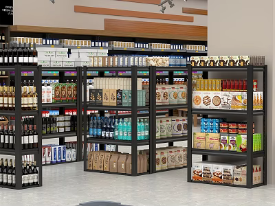 Supermarket Grocery Well Stocked Shelves With Various Beverages Snacks Canned Foods And Bottled Items 3d model