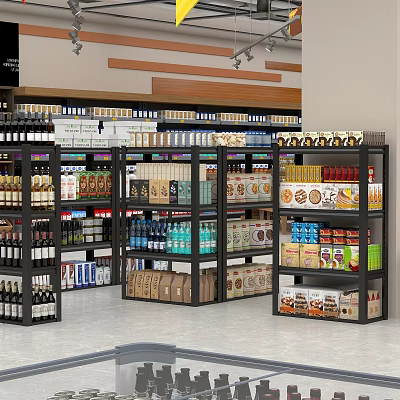 Supermarket Grocery Well Stocked Shelves With Various Beverages Snacks Canned Foods And Bottled Items 3d model