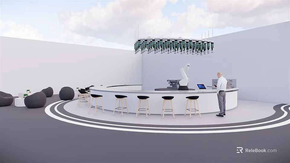 Modern Circular Reception Desk With High Stools Hanging Lights And Robot Arm 3d model