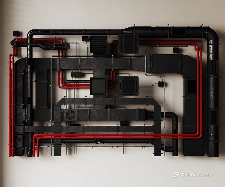 Industrial Black and Red Pipes in Complex Layout with Metal Components 3d model