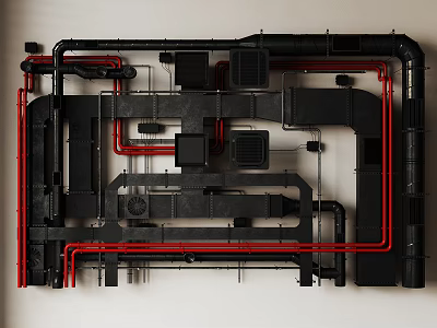 Industrial Black and Red Pipes in Complex Layout with Metal Components 3d model